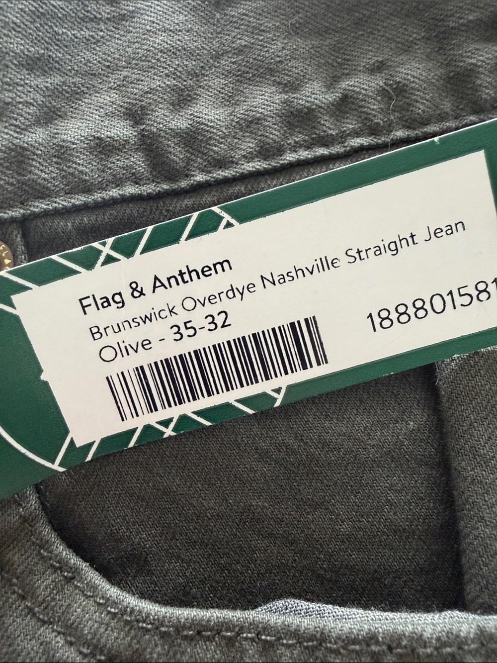 Men’s Flag & Anthem Brunswick Overdye Nashville Straight Jeans Olive 35x32 NWT - Picture 8 of 8